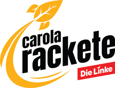 Carola Rackete Schriftzug mit einer stilisierten Rakete